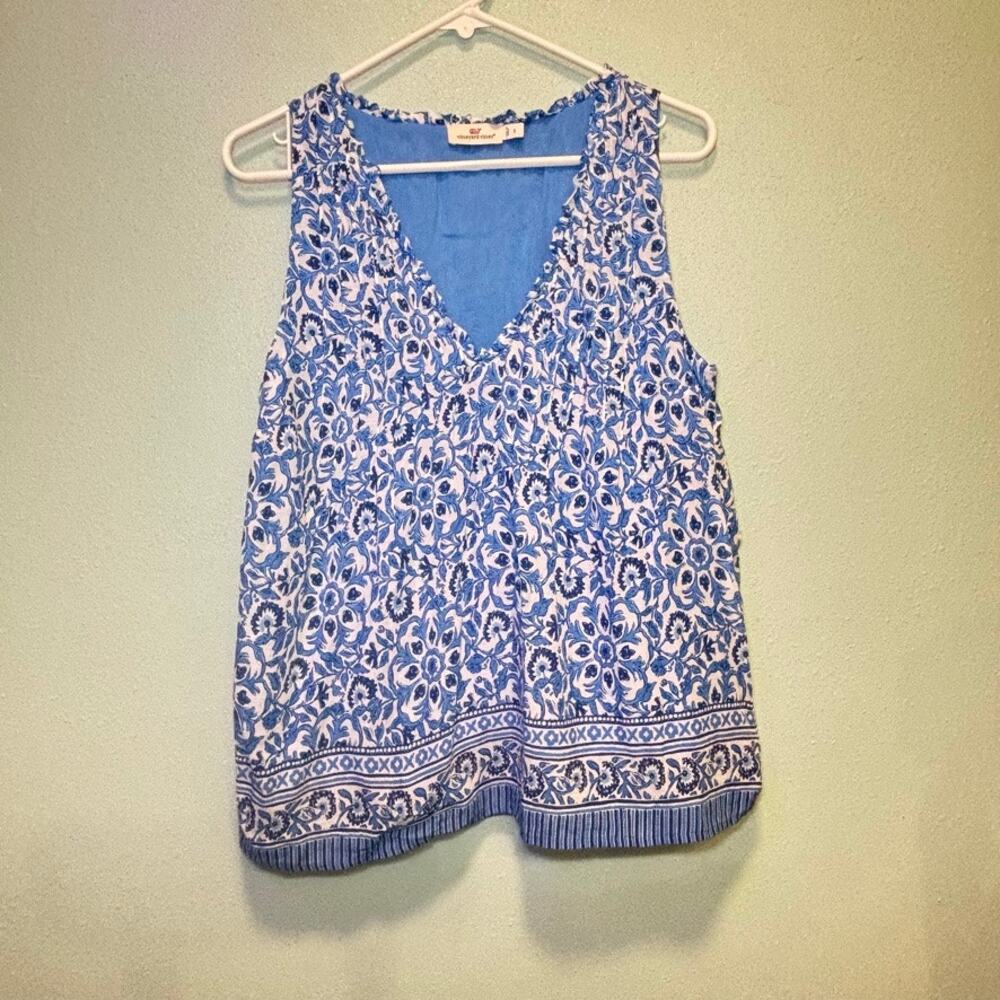 Vineyard Vines Blue White Embroidered Border Tank Top Size Small Cotton Blend